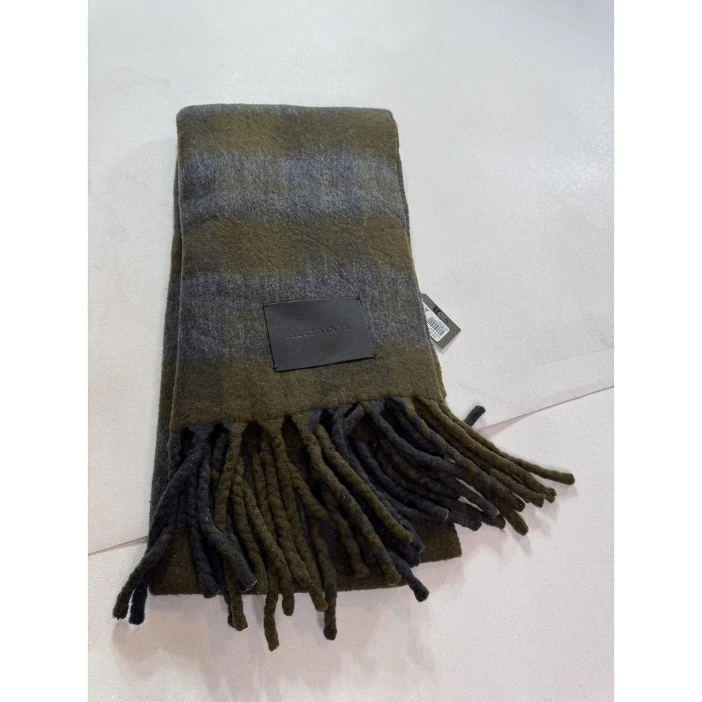 AllSaints Rilas Strk Brushed Check Scarf Mens One Size Green Plaid Fringe